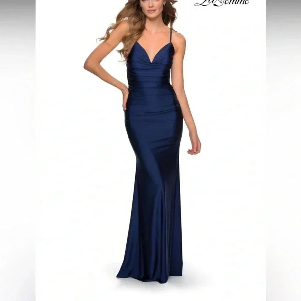 La Femme Women’s Gown Navy Blue Strappy Back Mermaid Prom 6 Wedding Guest Formal